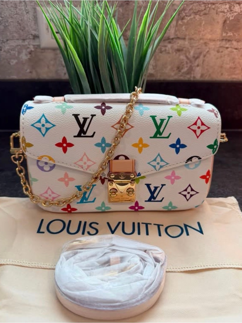 Louis Vuitton White Multicolor Monogram Canvas Crossbody with Gold Chain